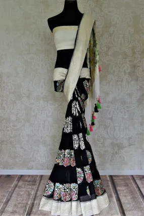 90J003-RO Black Big Floral Zari Buta Georgette Banarasi Saree