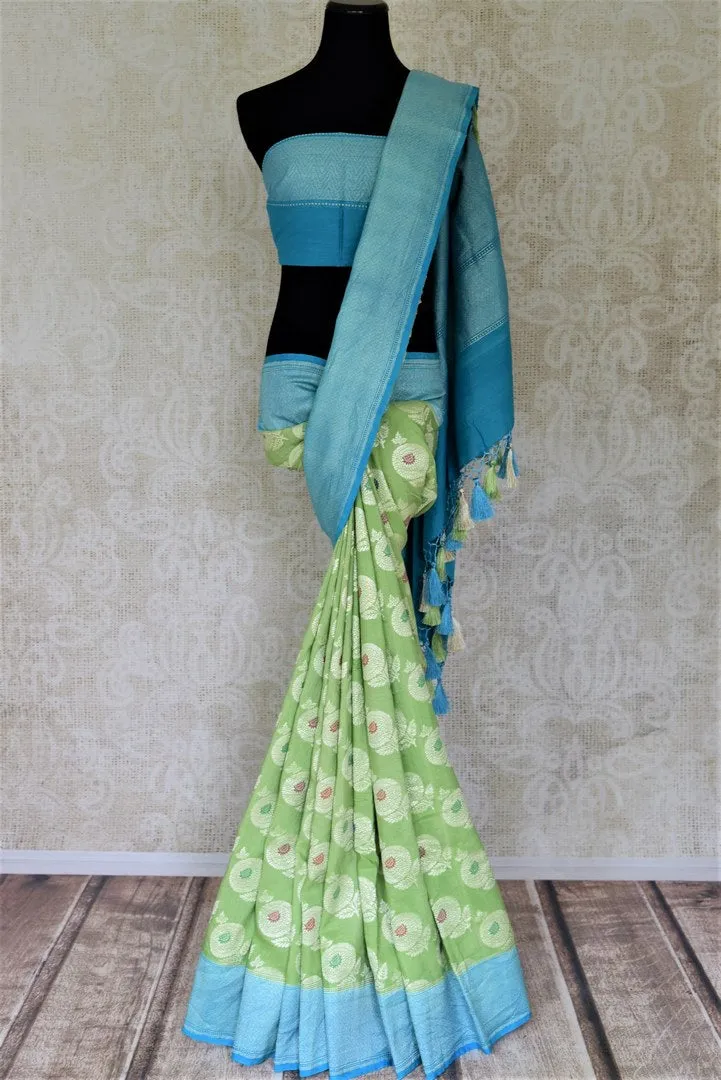 90J006-RO Light Green Muga Benarasi Saree with Blue Zari Border