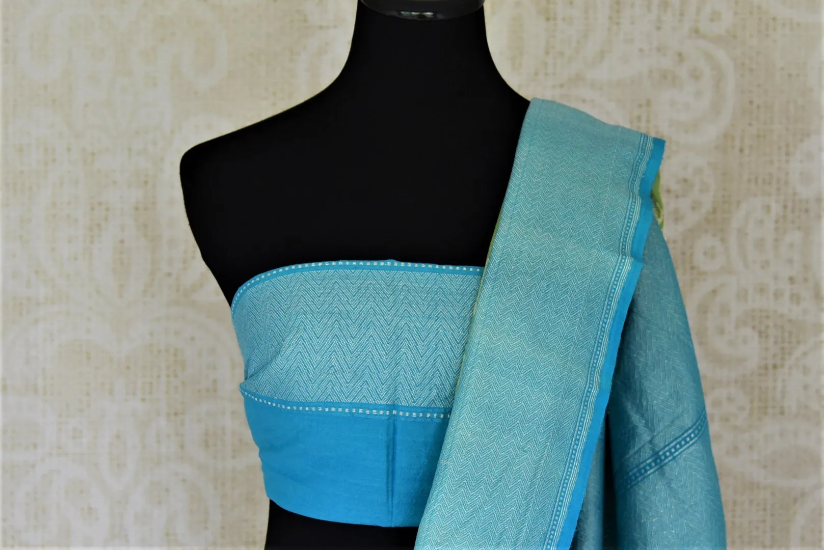 90J006-RO Light Green Muga Benarasi Saree with Blue Zari Border