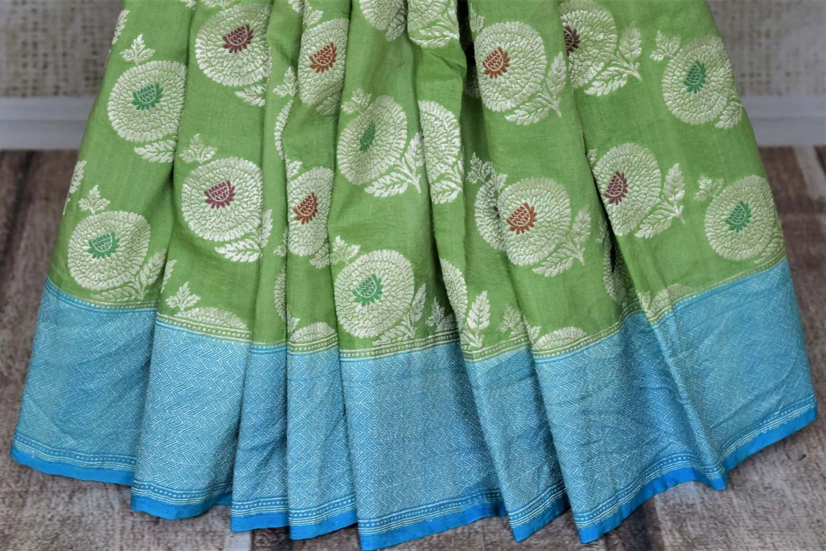 90J006-RO Light Green Muga Benarasi Saree with Blue Zari Border