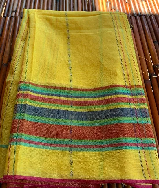 90K364-NRO Yellow Bhujodi Saree with Multicolor Striped Border