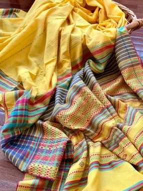 90K364-NRO Yellow Bhujodi Saree with Multicolor Striped Border