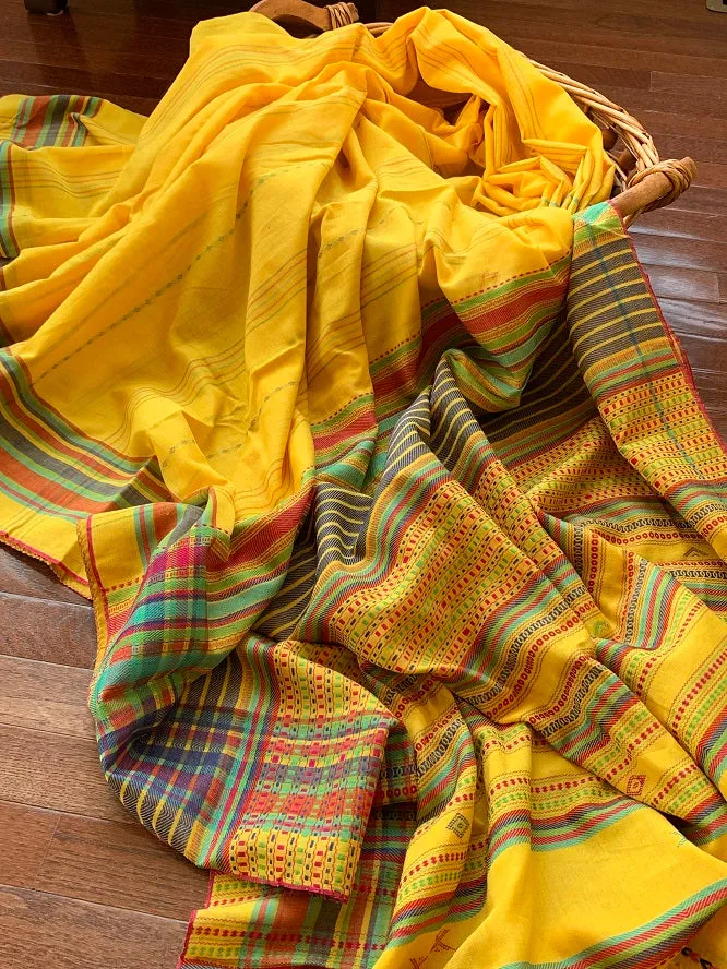 90K364-NRO Yellow Bhujodi Saree with Multicolor Striped Border