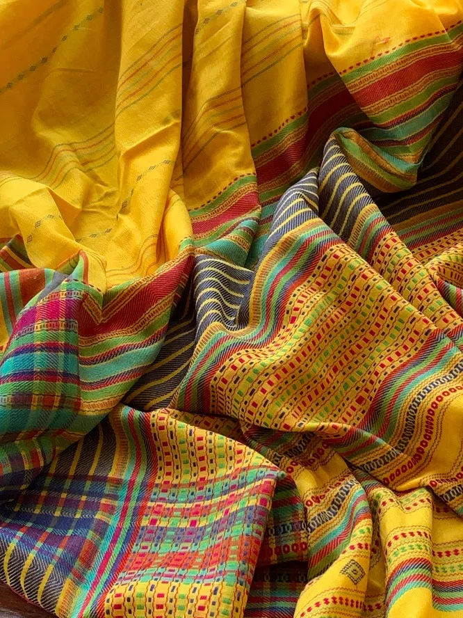 90K364-NRO Yellow Bhujodi Saree with Multicolor Striped Border