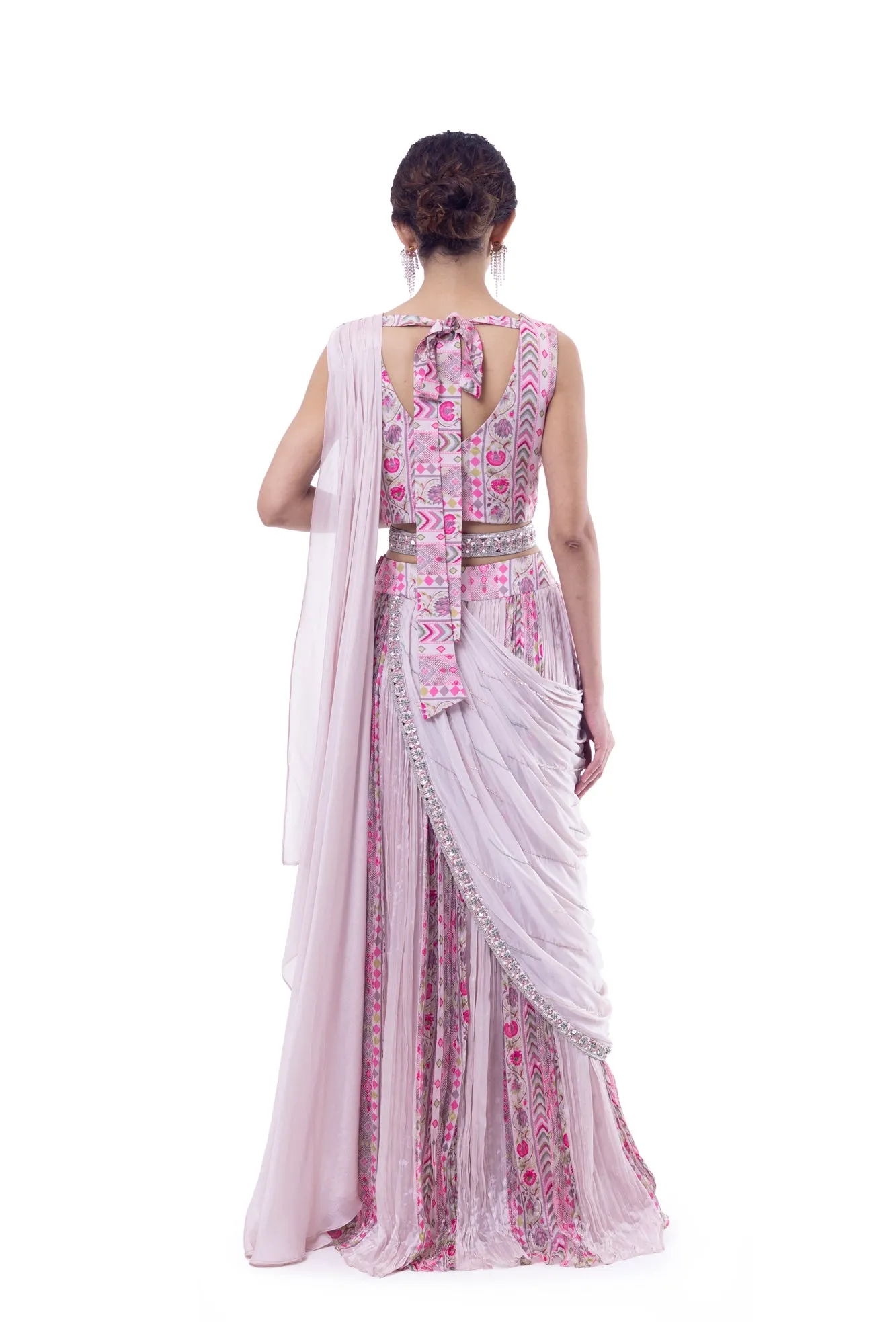 90Y009-RO Light Pink Pre Draped Chiffon Saree with Blouse