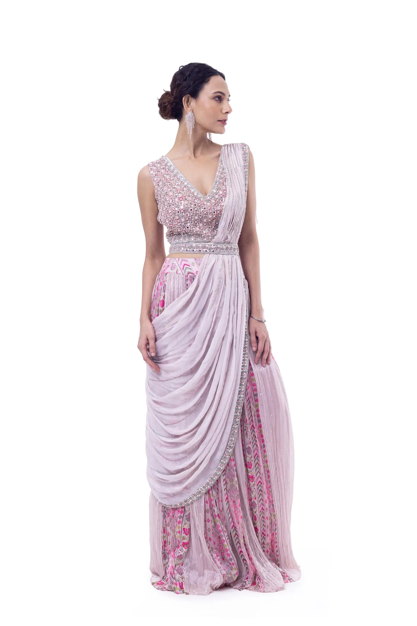 90Y009-RO Light Pink Pre Draped Chiffon Saree with Blouse