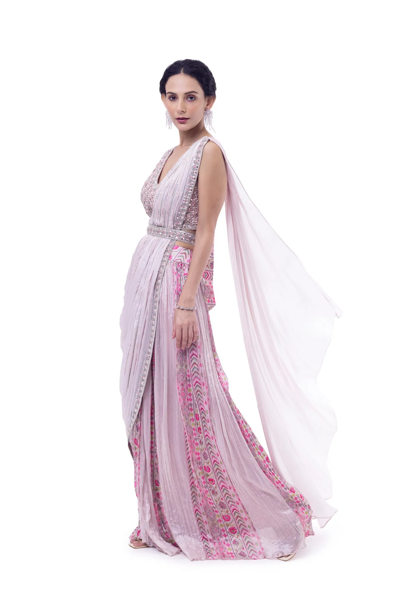 90Y009-RO Light Pink Pre Draped Chiffon Saree with Blouse