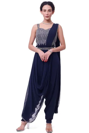 90Y021-RO Navy Blue Embellished Dhoti Sari with Blouse