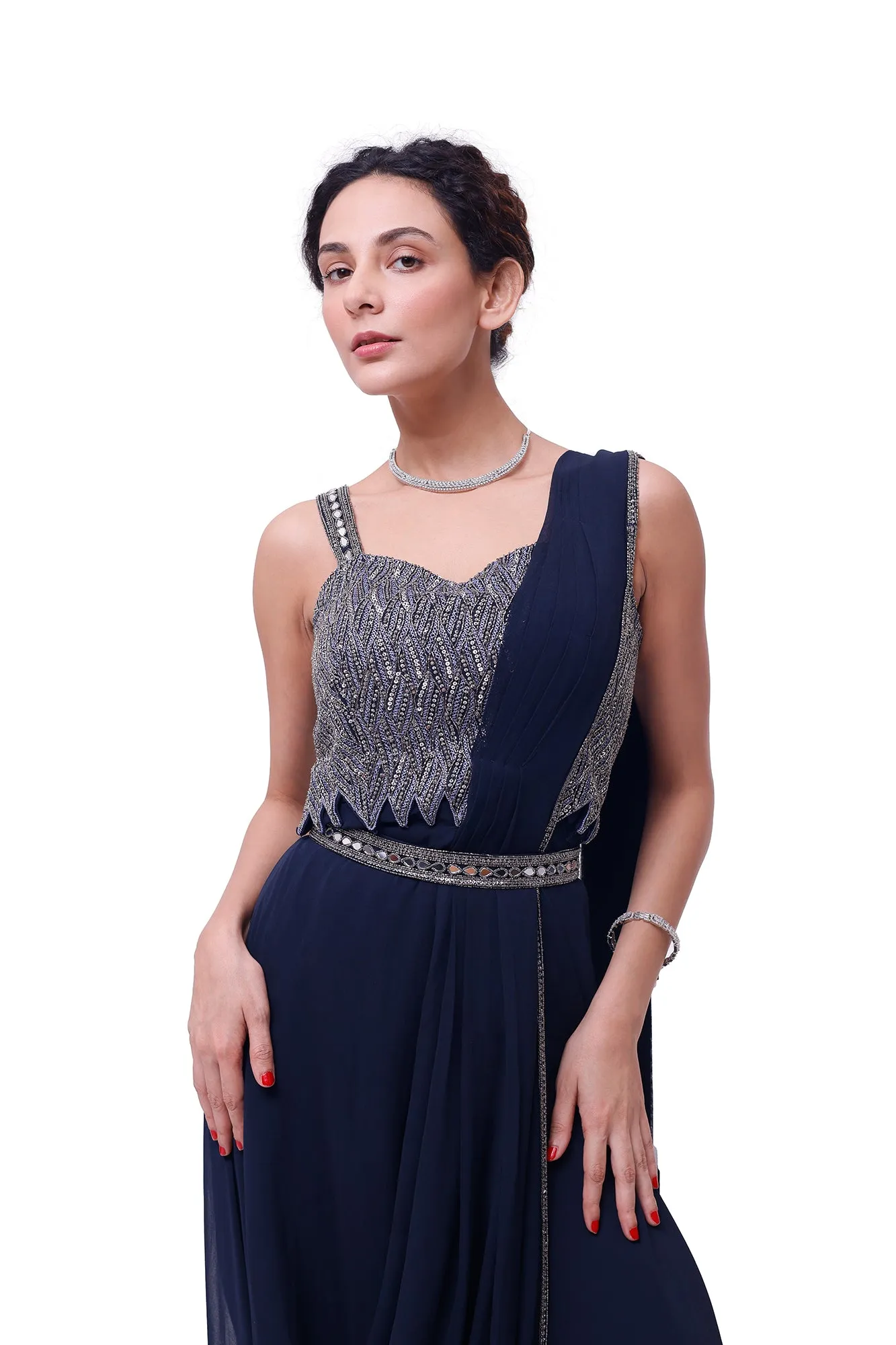 90Y021-RO Navy Blue Embellished Dhoti Sari with Blouse