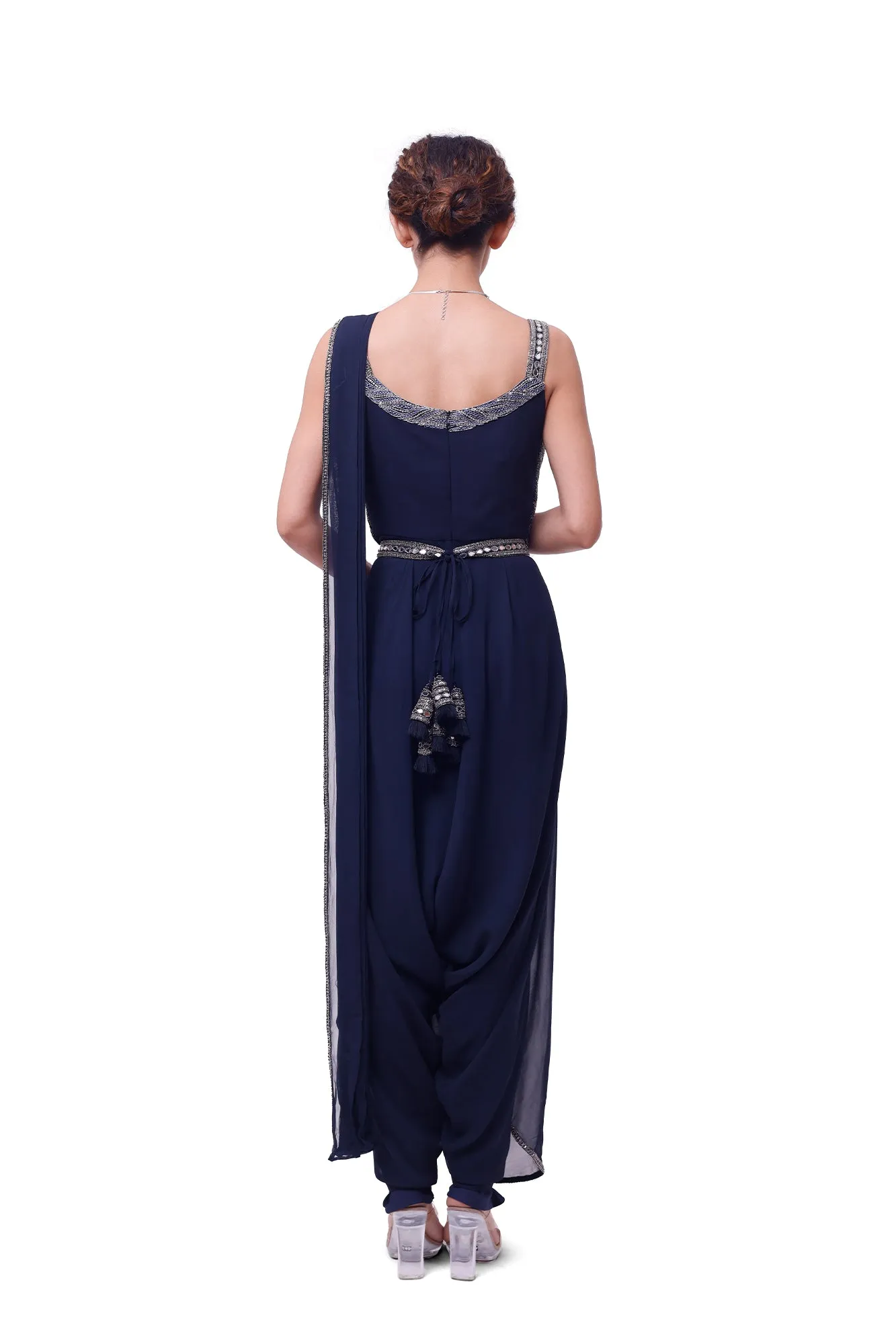 90Y021-RO Navy Blue Embellished Dhoti Sari with Blouse