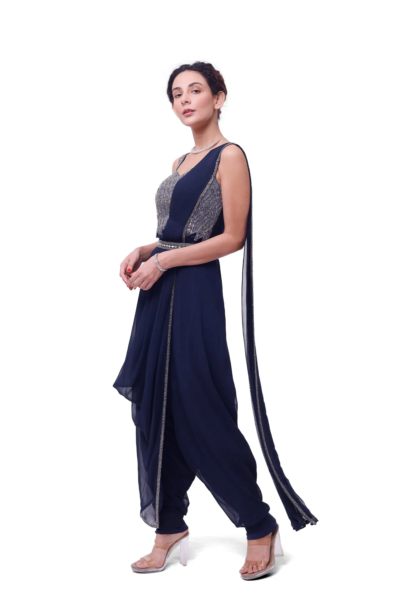 90Y021-RO Navy Blue Embellished Dhoti Sari with Blouse