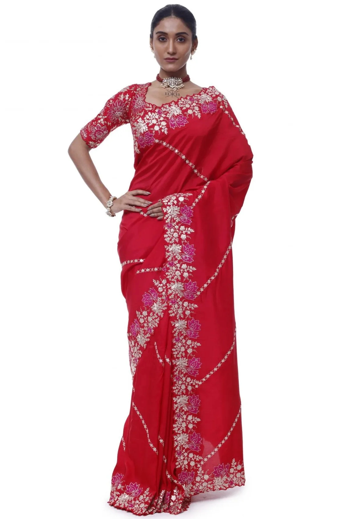 90Y038-RO Crimson Red Zari Handloom Silk Sari with Blouse