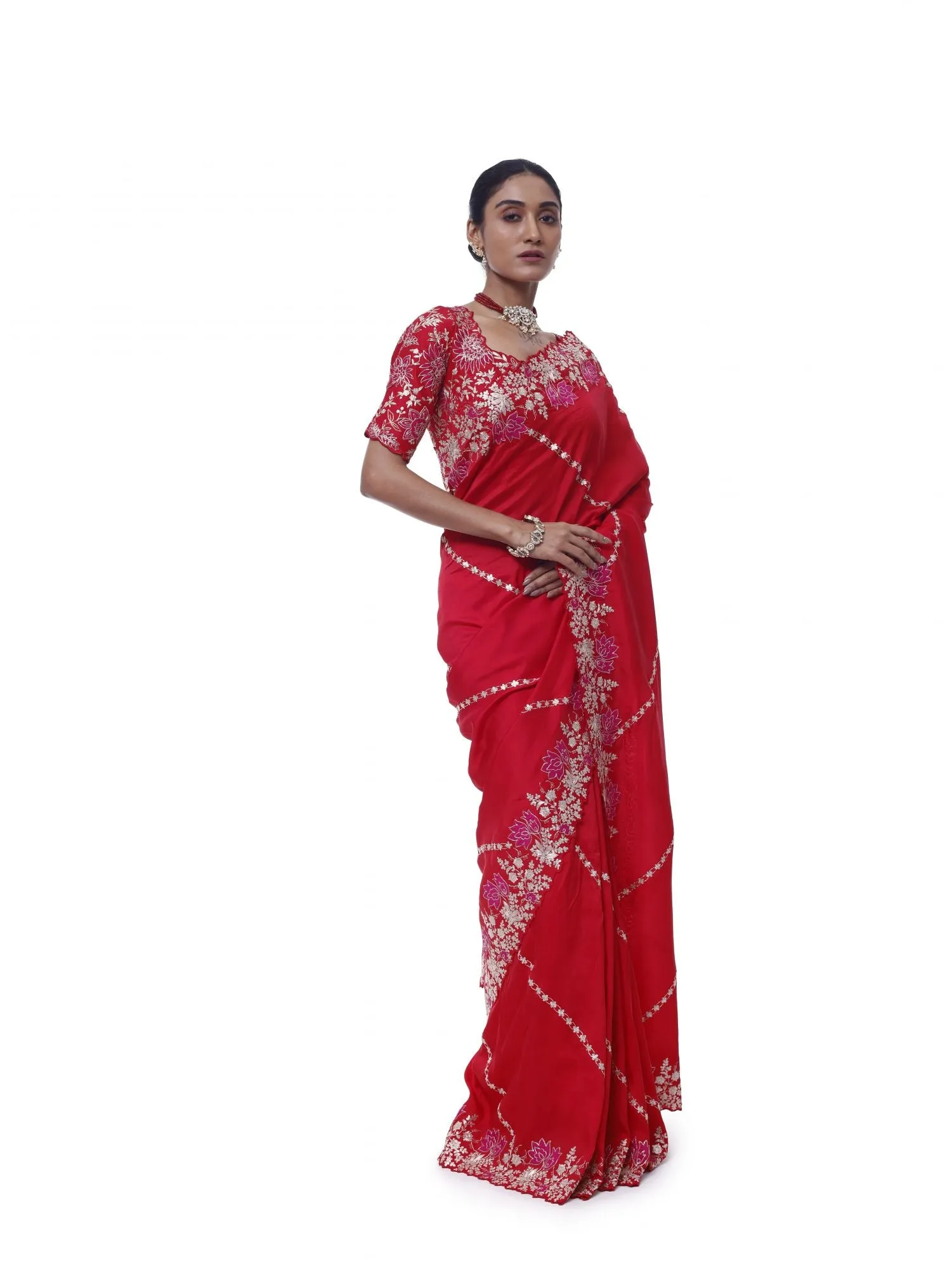 90Y038-RO Crimson Red Zari Handloom Silk Sari with Blouse