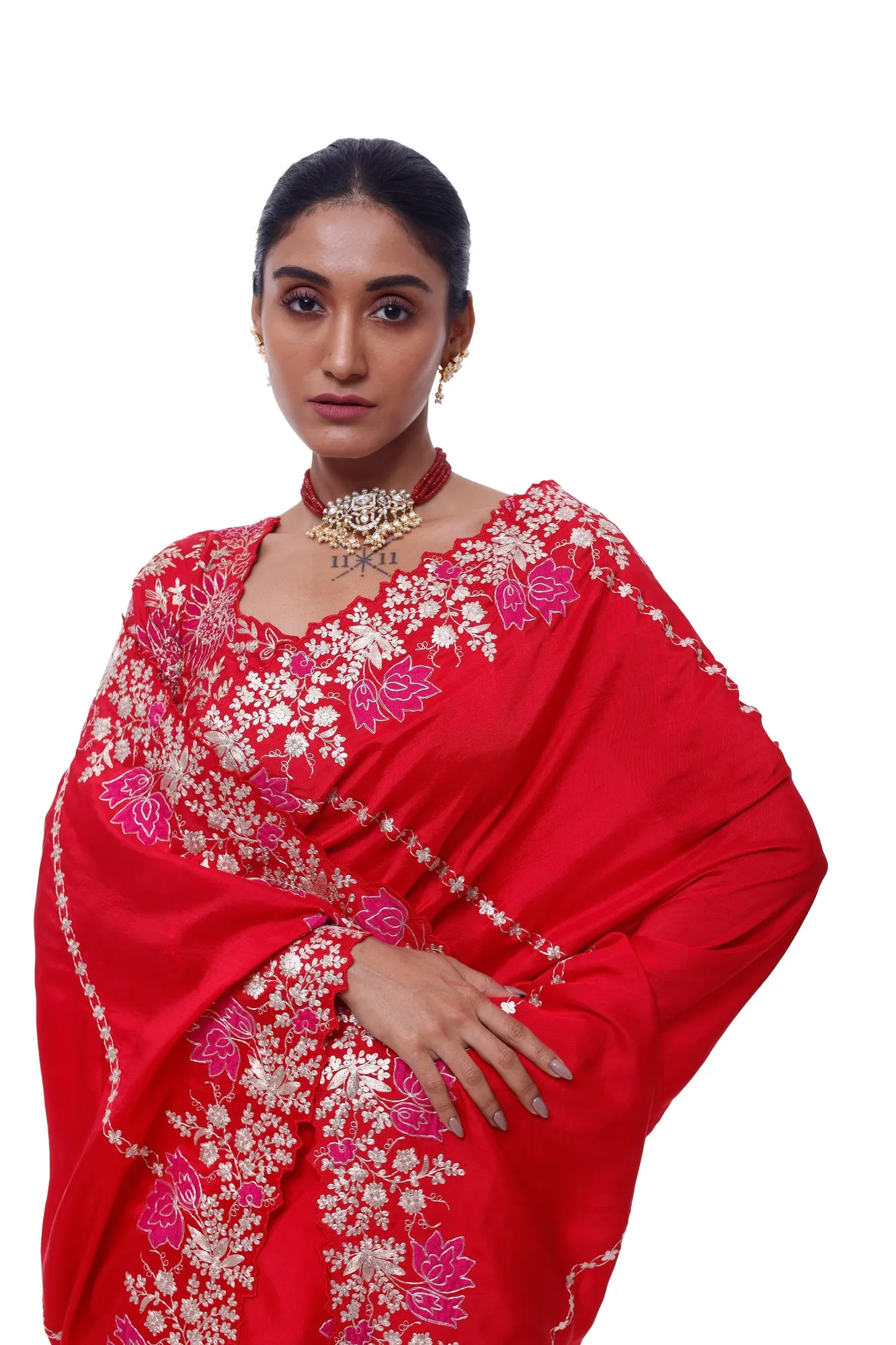 90Y038-RO Crimson Red Zari Handloom Silk Sari with Blouse