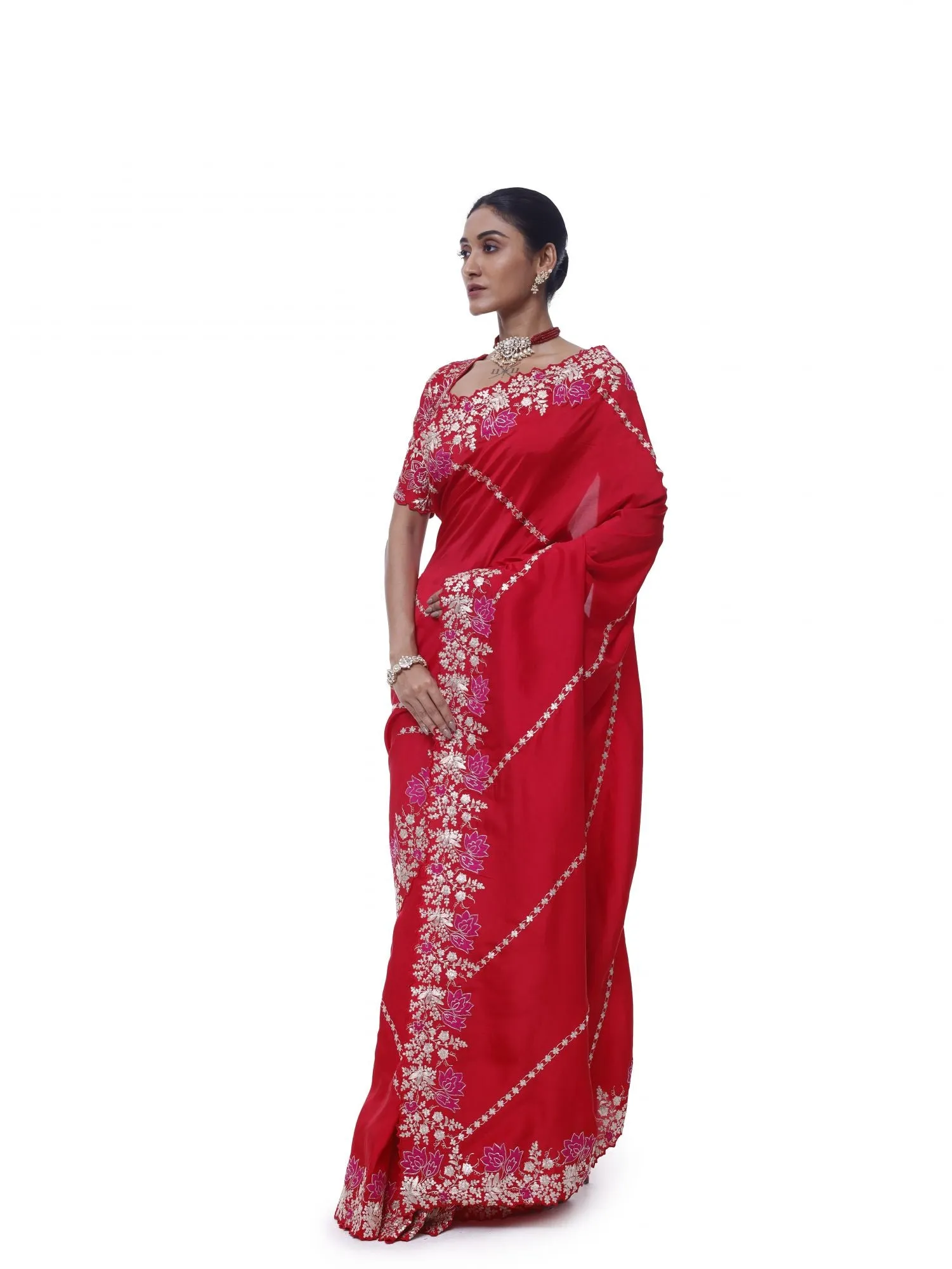 90Y038-RO Crimson Red Zari Handloom Silk Sari with Blouse