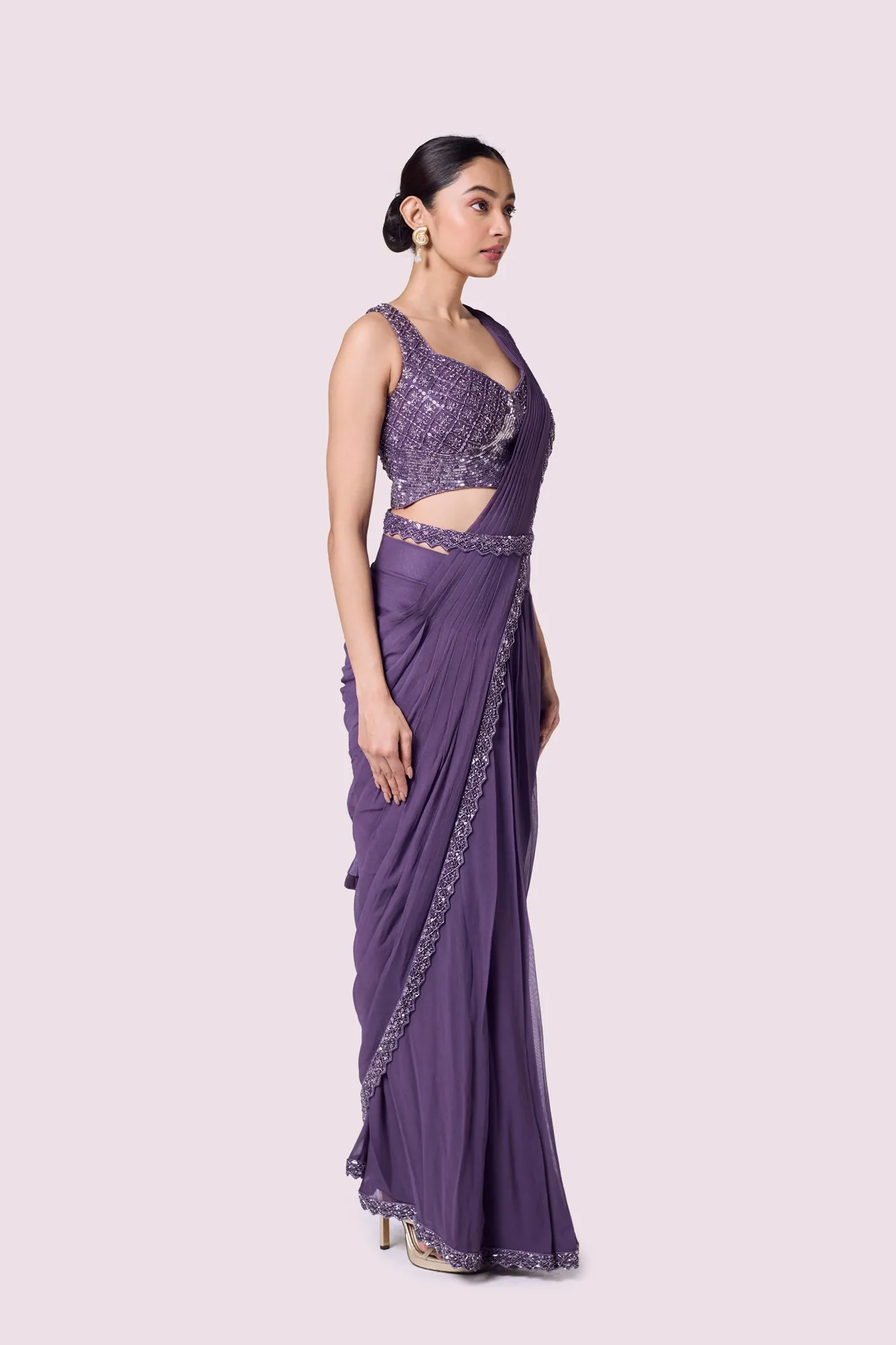 90Y044-RO Lavender Georgette Pre-Stitched Saree with Bustier Blouse