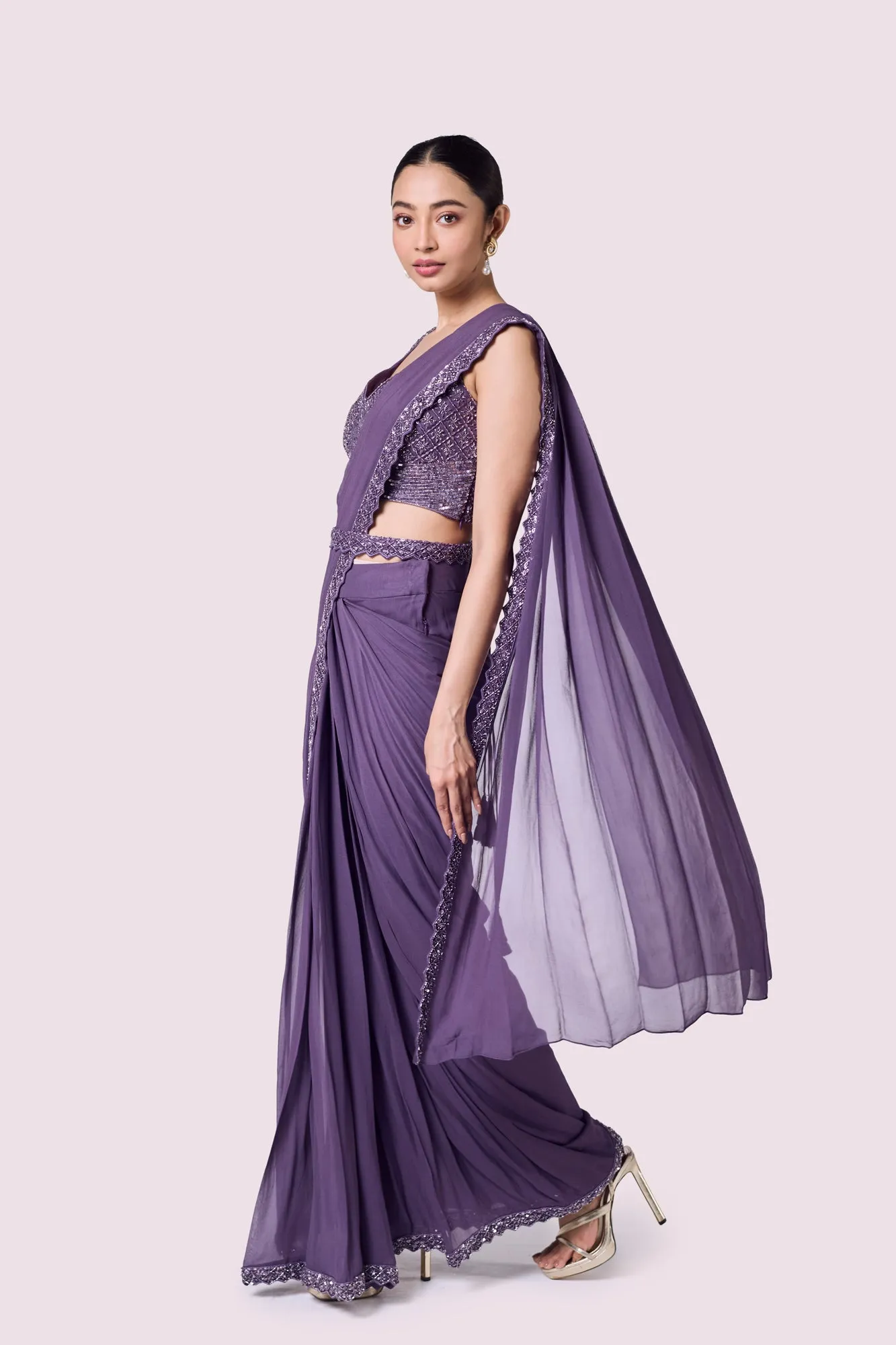 90Y044-RO Lavender Georgette Pre-Stitched Saree with Bustier Blouse