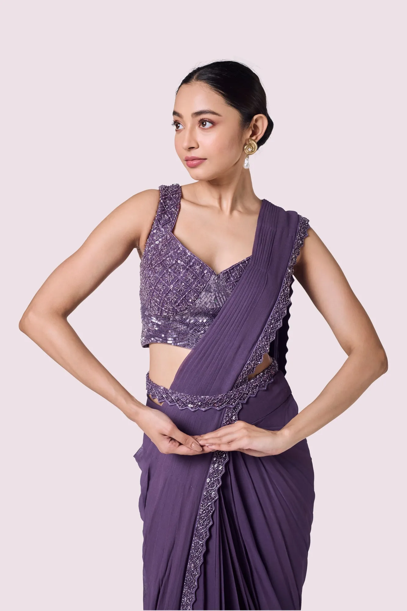 90Y044-RO Lavender Georgette Pre-Stitched Saree with Bustier Blouse