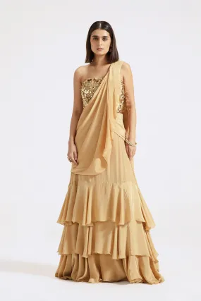 90Y045-RO Gold Georgette Pre Draped Saree with Sequin Blouse