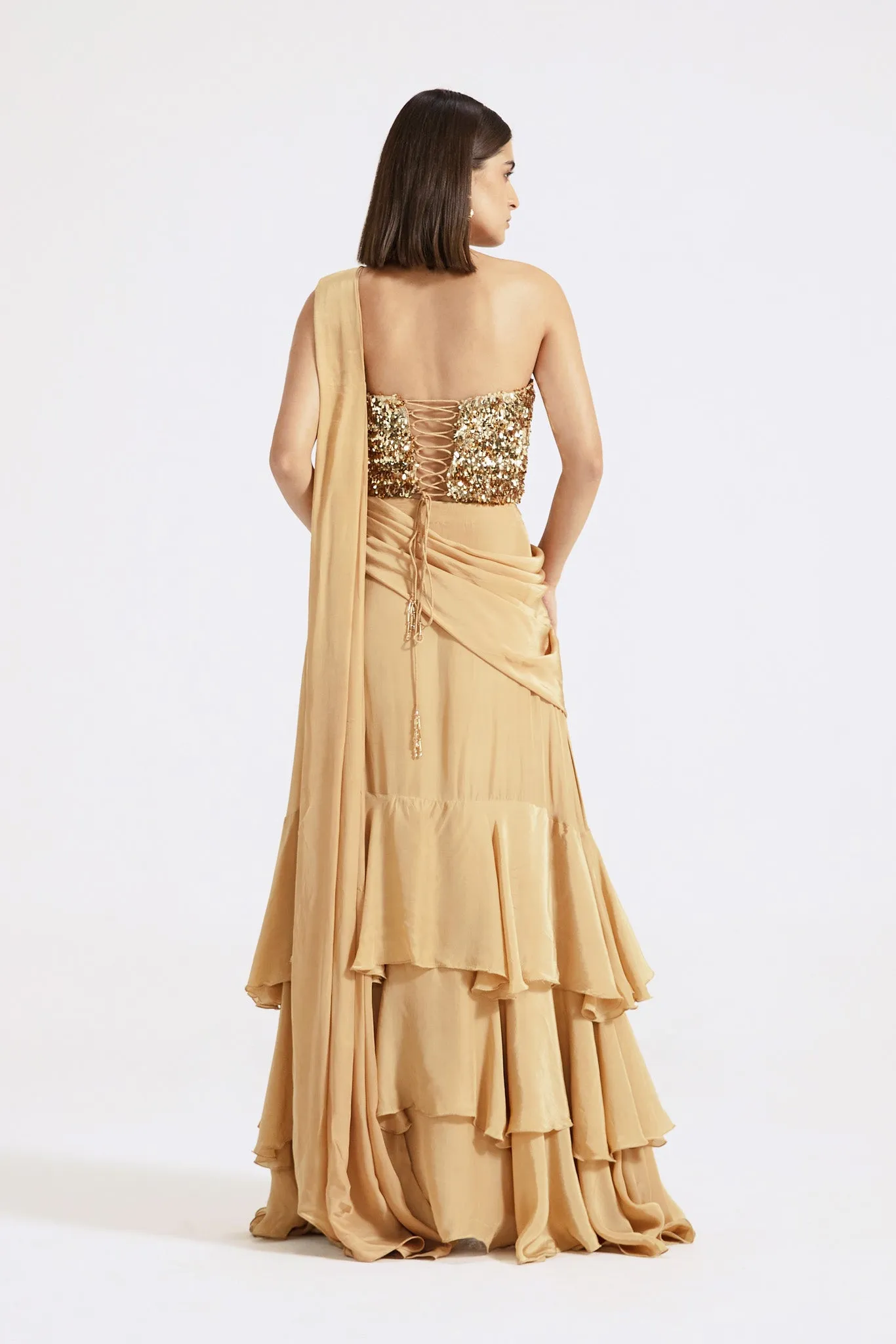 90Y045-RO Gold Georgette Pre Draped Saree with Sequin Blouse