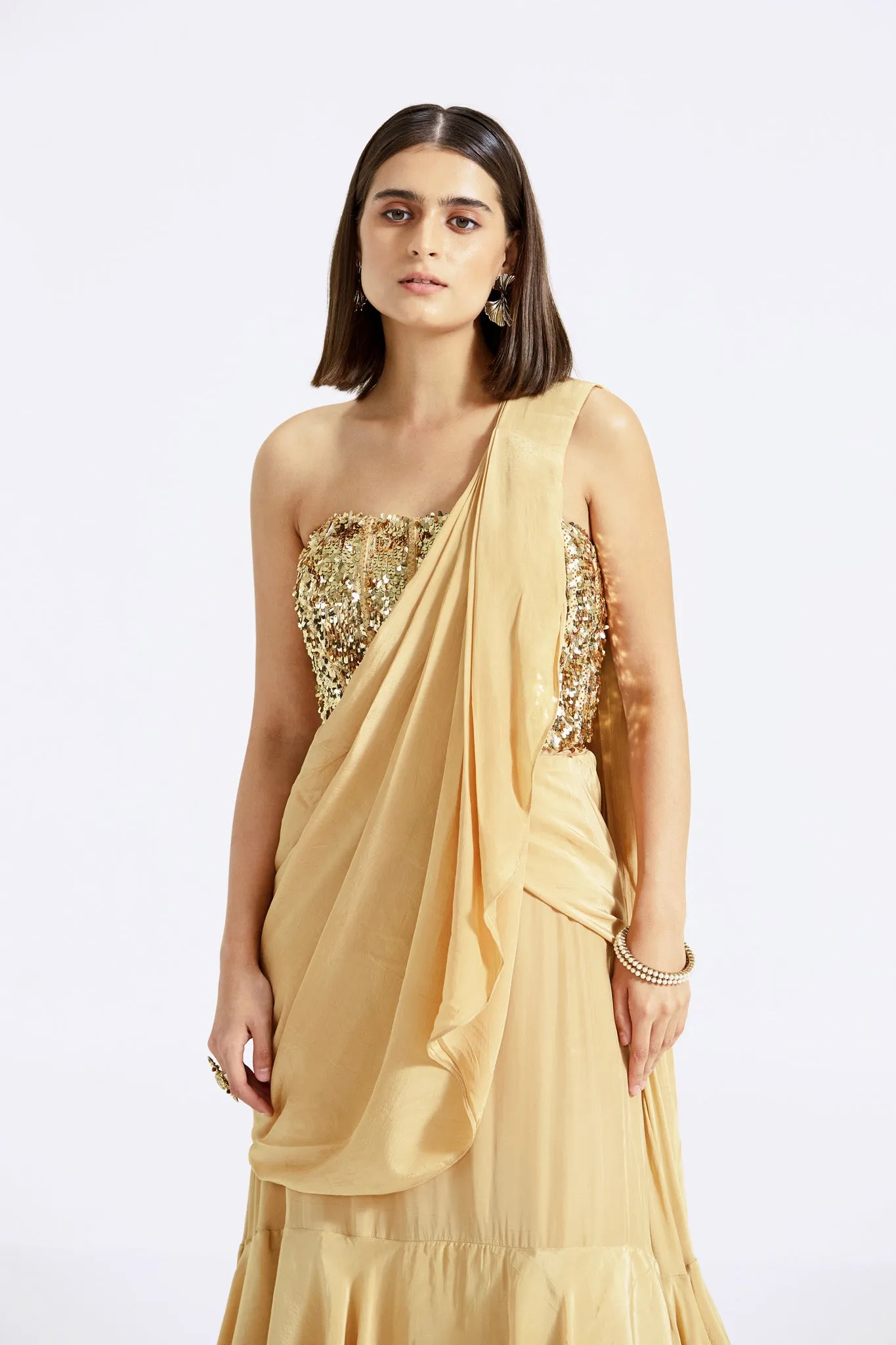 90Y045-RO Gold Georgette Pre Draped Saree with Sequin Blouse