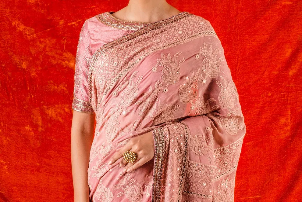 90Z003-RO Dusty Pink Embroidered Handloom Saree with Blouse