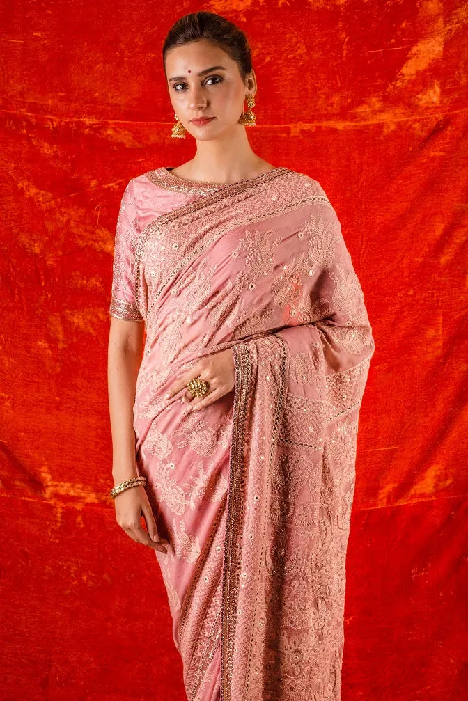 90Z003-RO Dusty Pink Embroidered Handloom Saree with Blouse