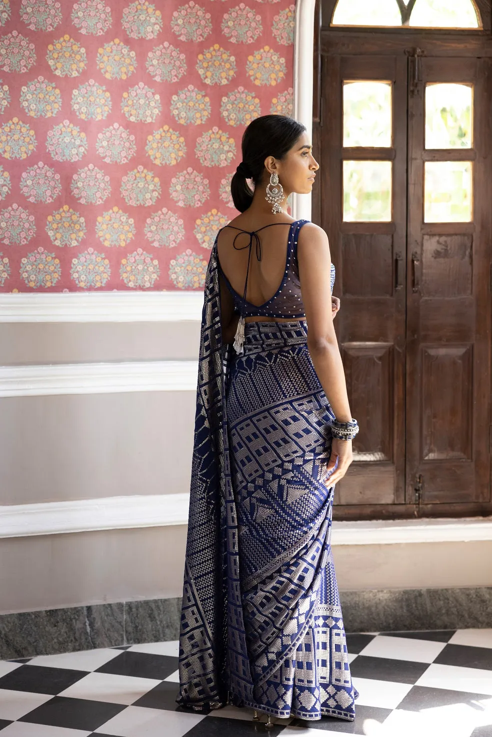 90Z269-RO Blue & Silver Sequined Embroidered Sari with Blouse