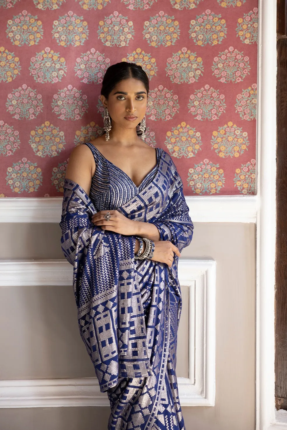 90Z269-RO Blue & Silver Sequined Embroidered Sari with Blouse