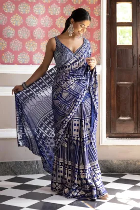 90Z269-RO Blue & Silver Sequined Embroidered Sari with Blouse