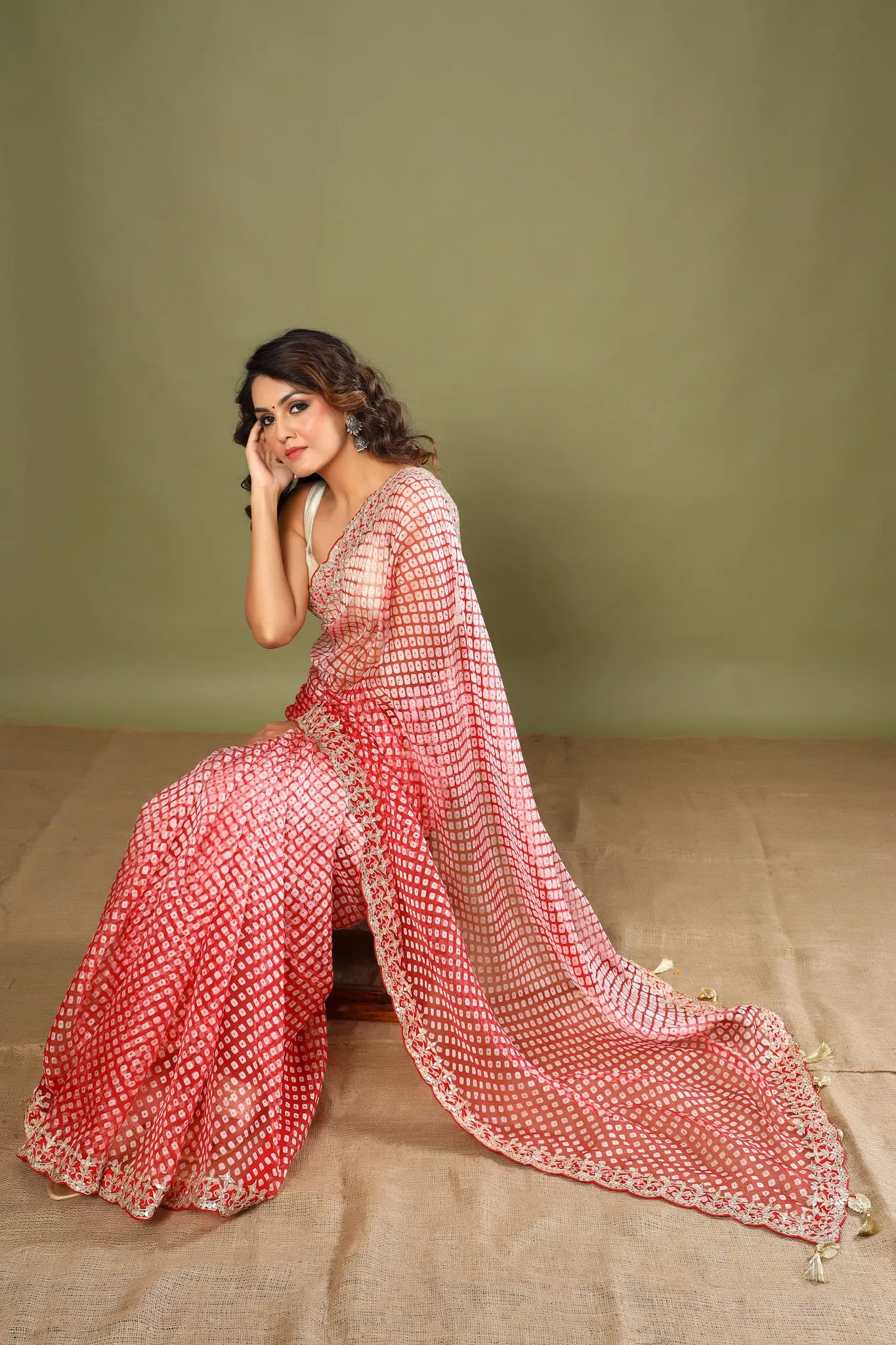 90Z464-NRO Red Bandhej Embroidered Organza Saree