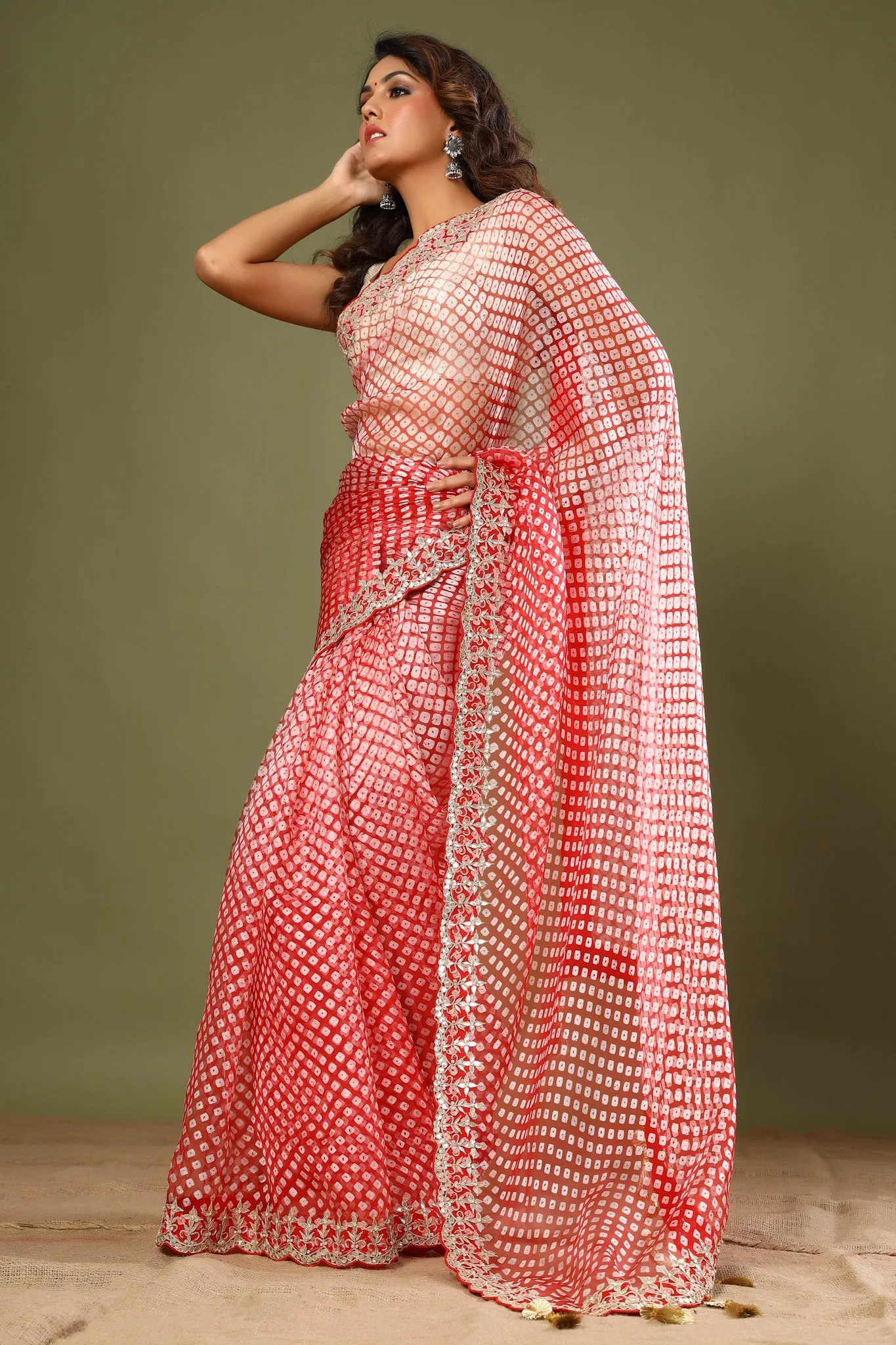 90Z464-NRO Red Bandhej Embroidered Organza Saree