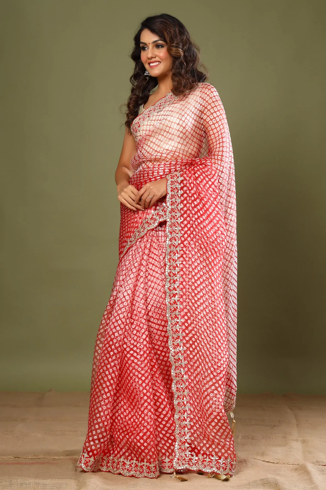 90Z464-NRO Red Bandhej Embroidered Organza Saree