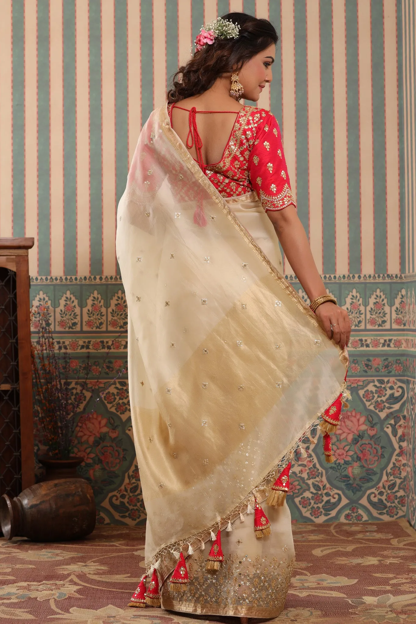 90Z622-RO Cream Organza Silk Sari with Gota Work Border