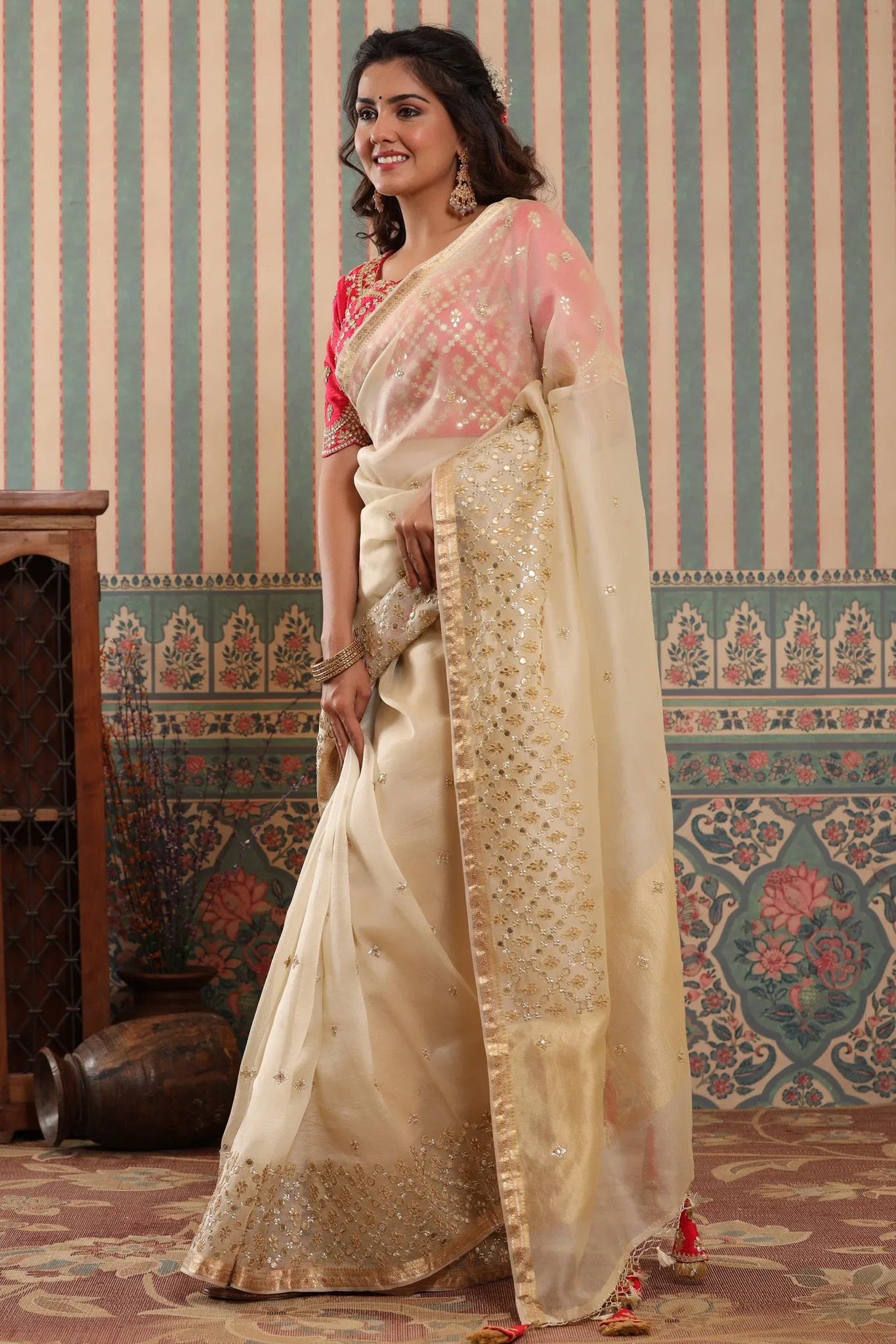 90Z622-RO Cream Organza Silk Sari with Gota Work Border