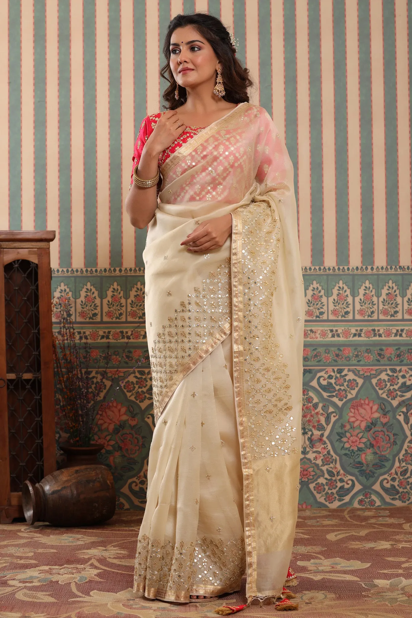 90Z622-RO Cream Organza Silk Sari with Gota Work Border