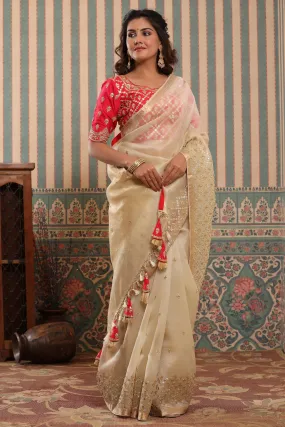 90Z622-RO Cream Organza Silk Sari with Gota Work Border