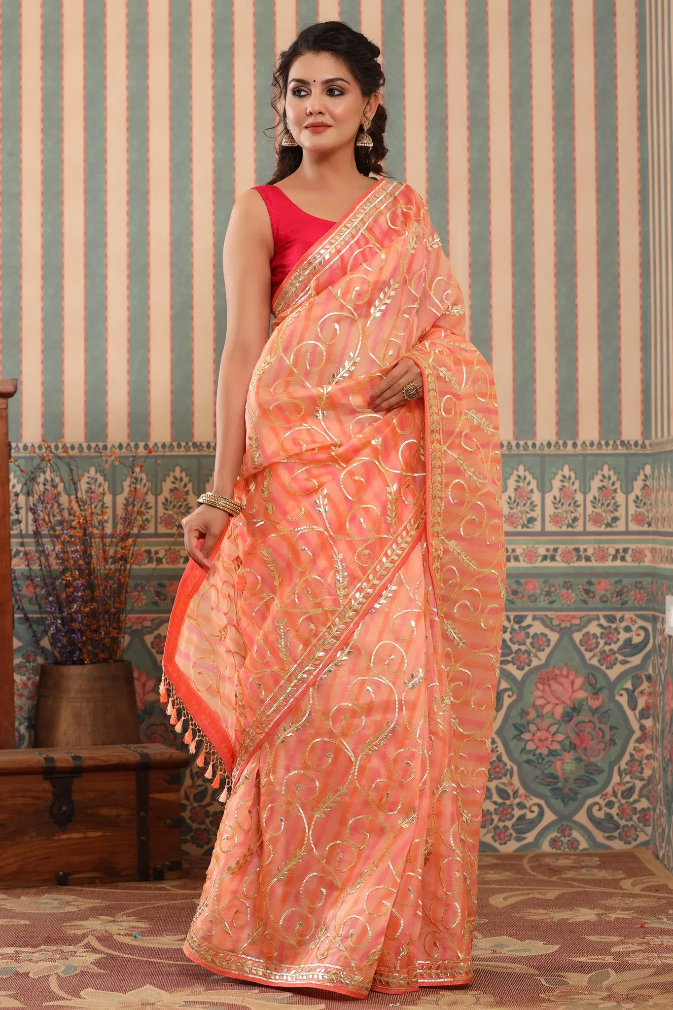 90Z634-RO Pink and Peach Organza Saree with Gota Work