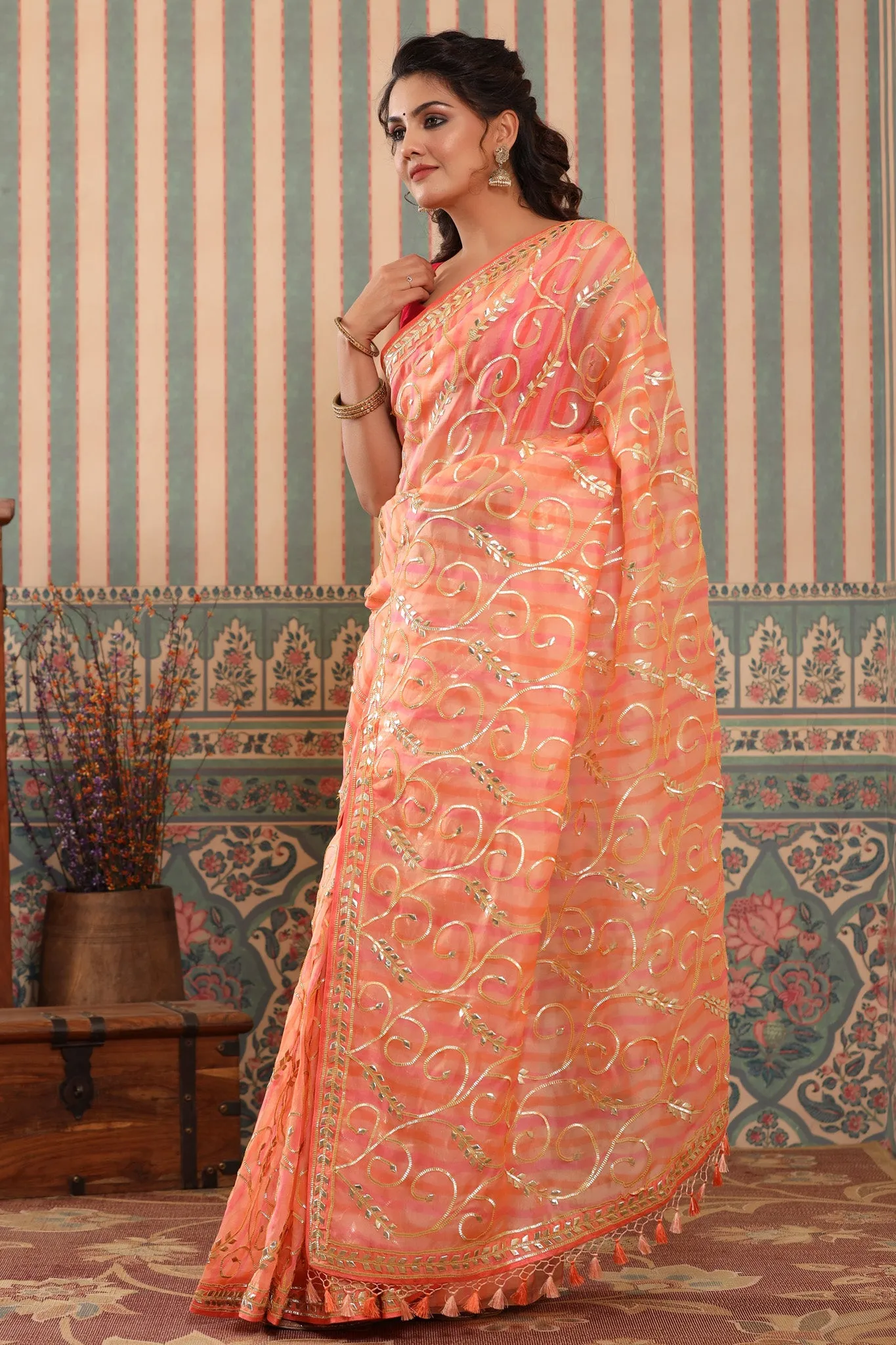 90Z634-RO Pink and Peach Organza Saree with Gota Work