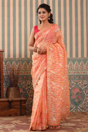 90Z634-RO Pink and Peach Organza Saree with Gota Work