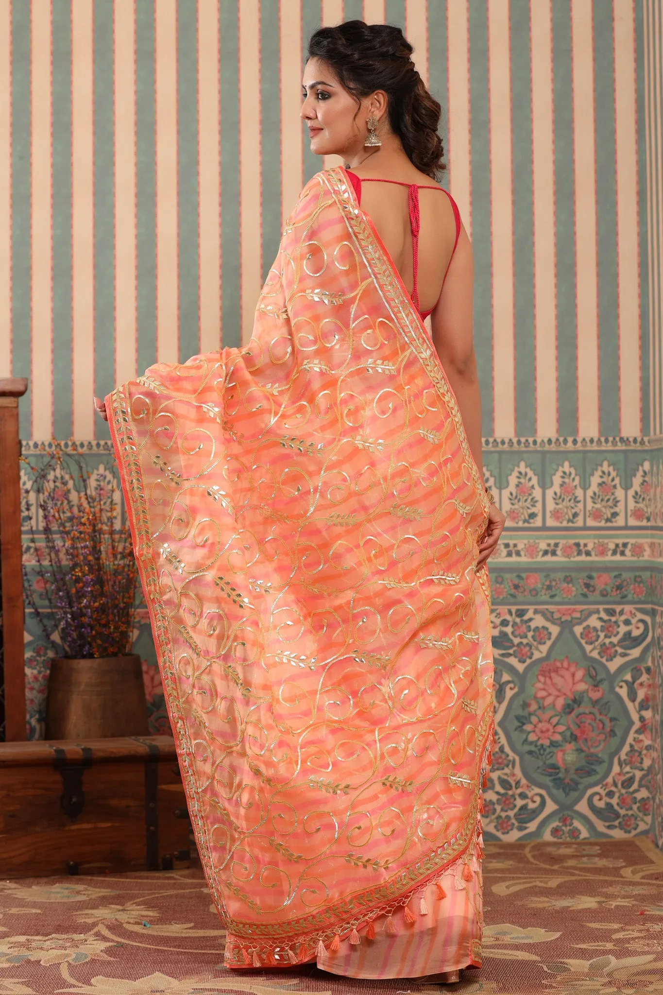 90Z634-RO Pink and Peach Organza Saree with Gota Work