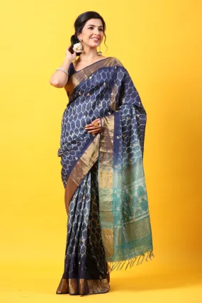 90Z661-RO Blue Printed Tussar Silk Saree with Zari Border