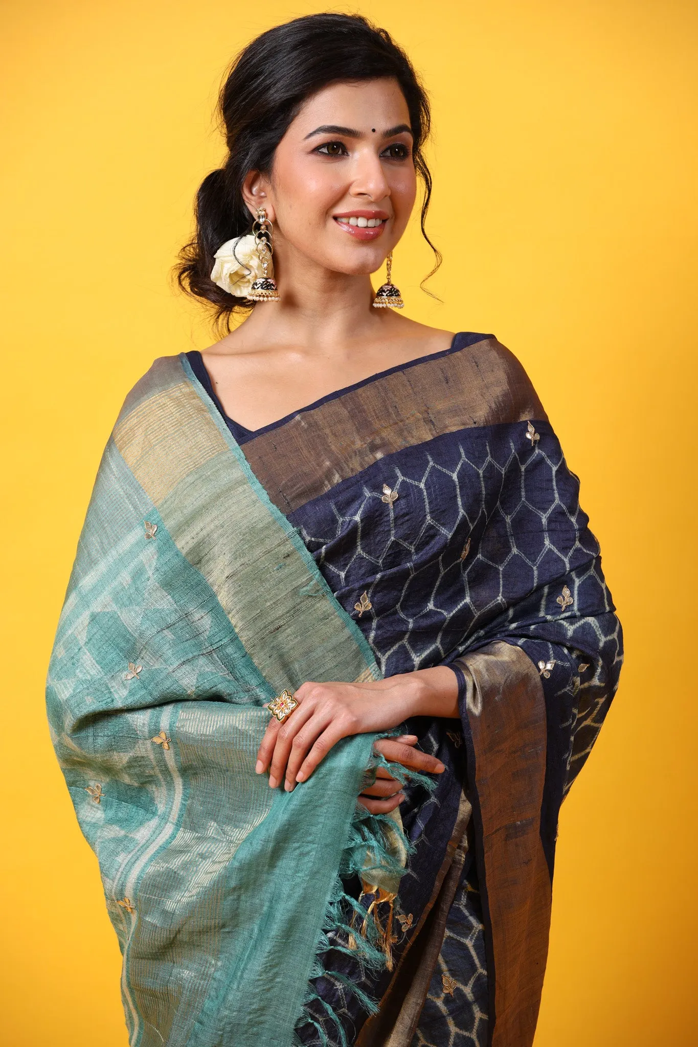 90Z661-RO Blue Printed Tussar Silk Saree with Zari Border