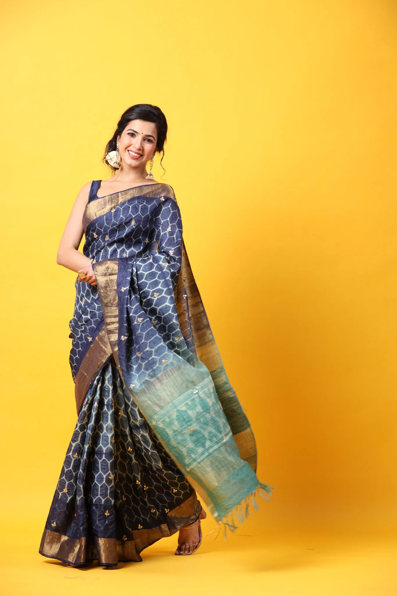 90Z661-RO Blue Printed Tussar Silk Saree with Zari Border