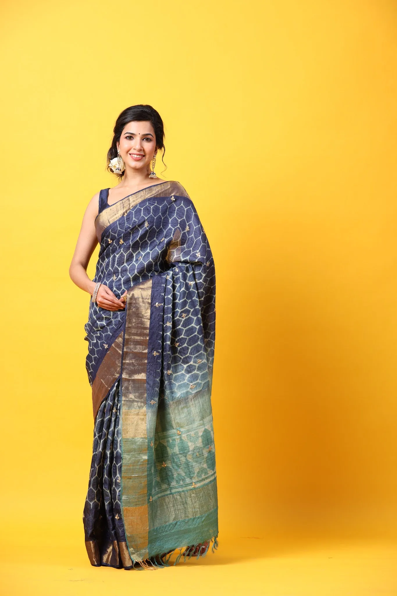 90Z661-RO Blue Printed Tussar Silk Saree with Zari Border