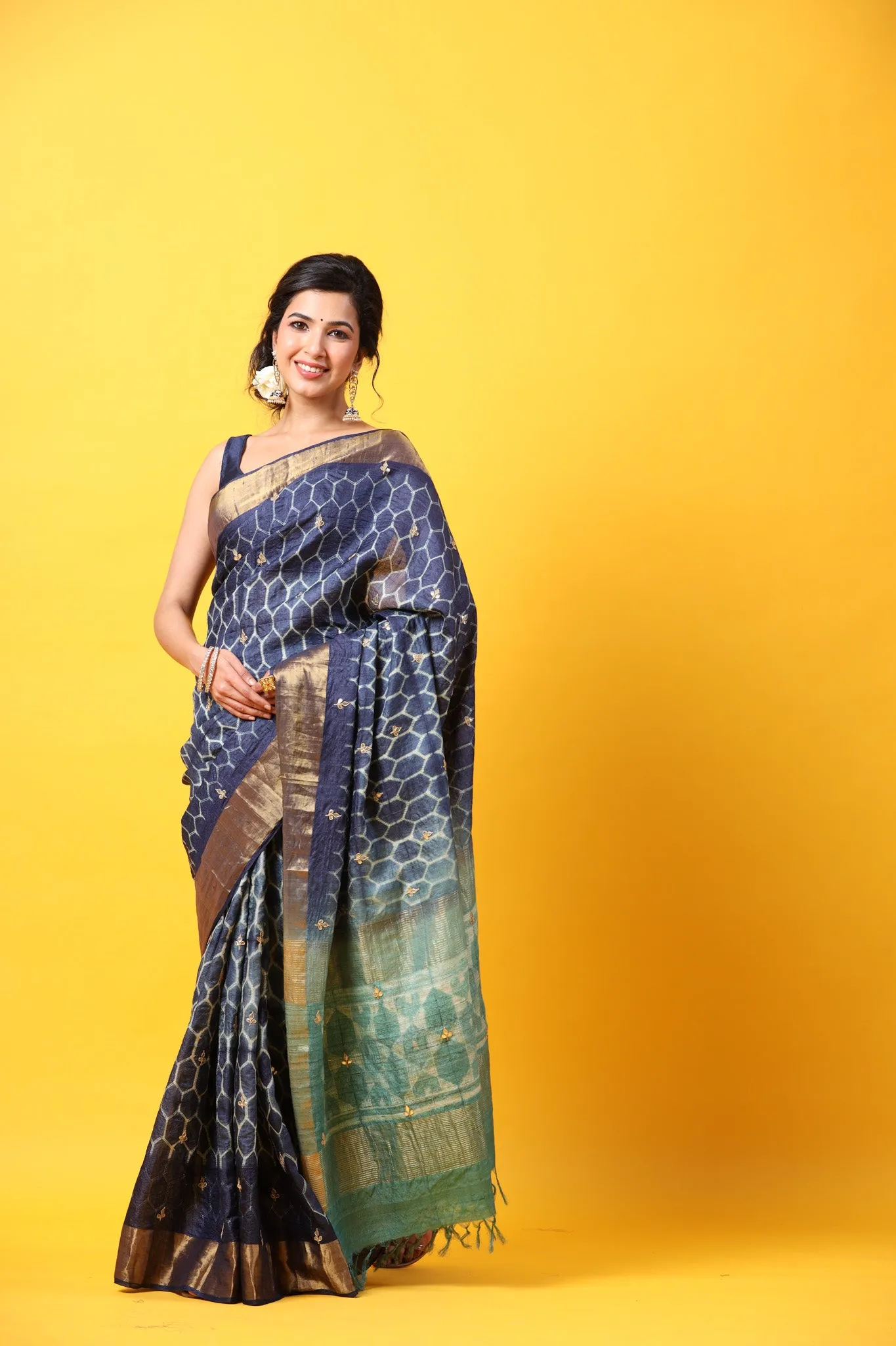 90Z661-RO Blue Printed Tussar Silk Saree with Zari Border