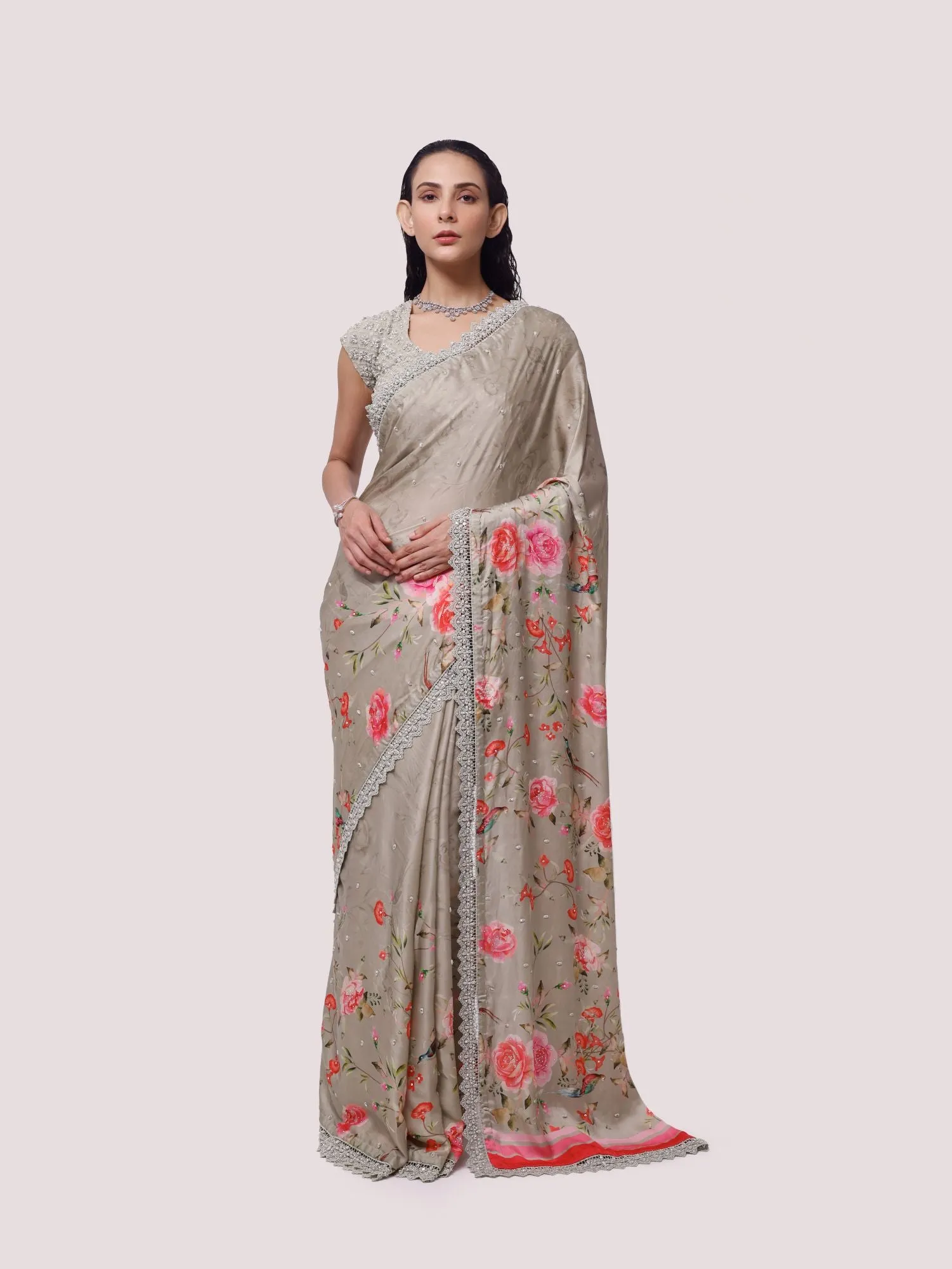 90Z859-RO Floral Printed Pista Green Saree