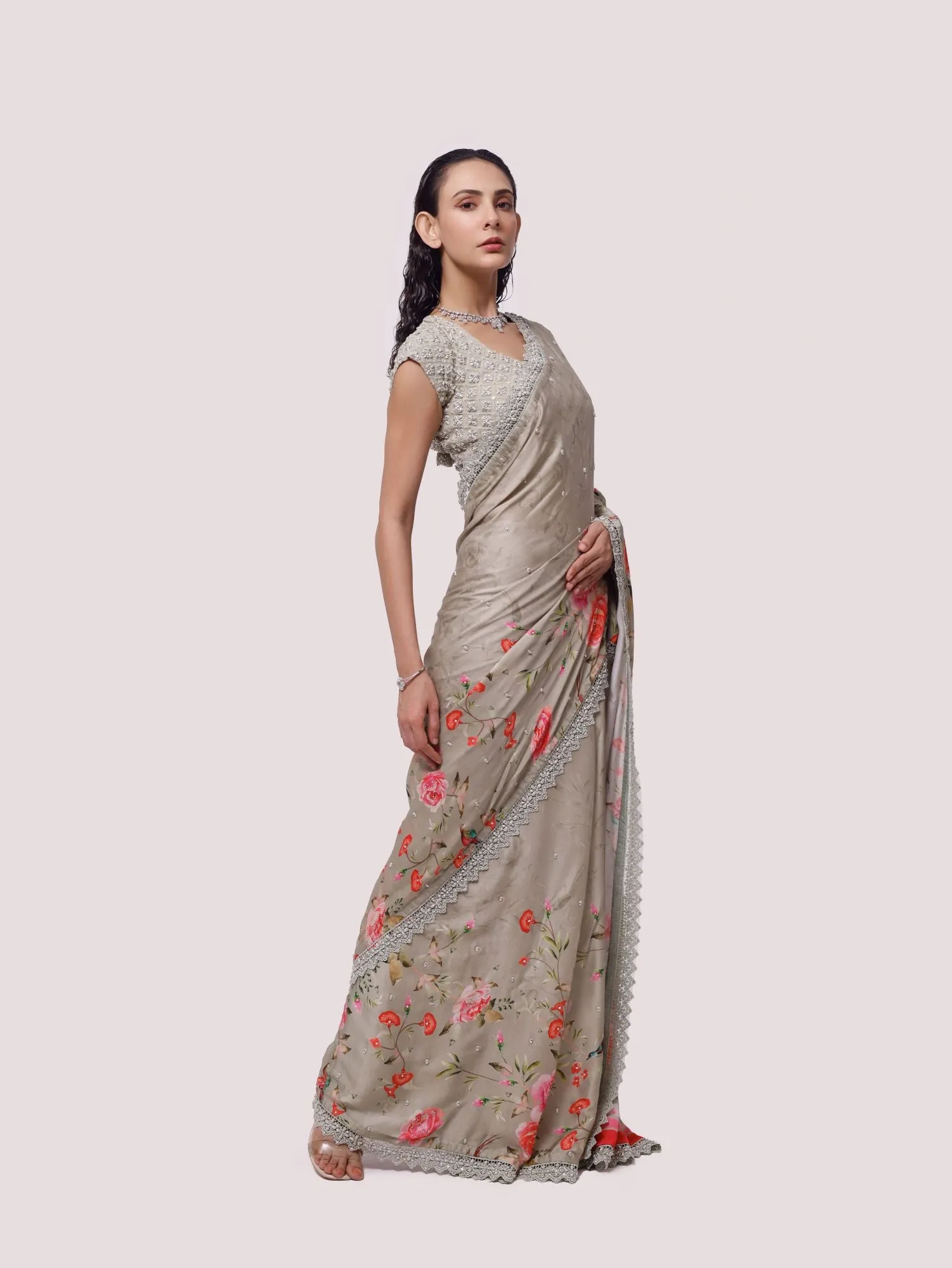 90Z859-RO Floral Printed Pista Green Saree