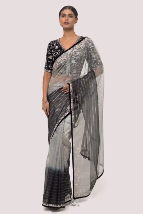 90Z974-RO Black & Grey Saree Set With Embroidered Blouse