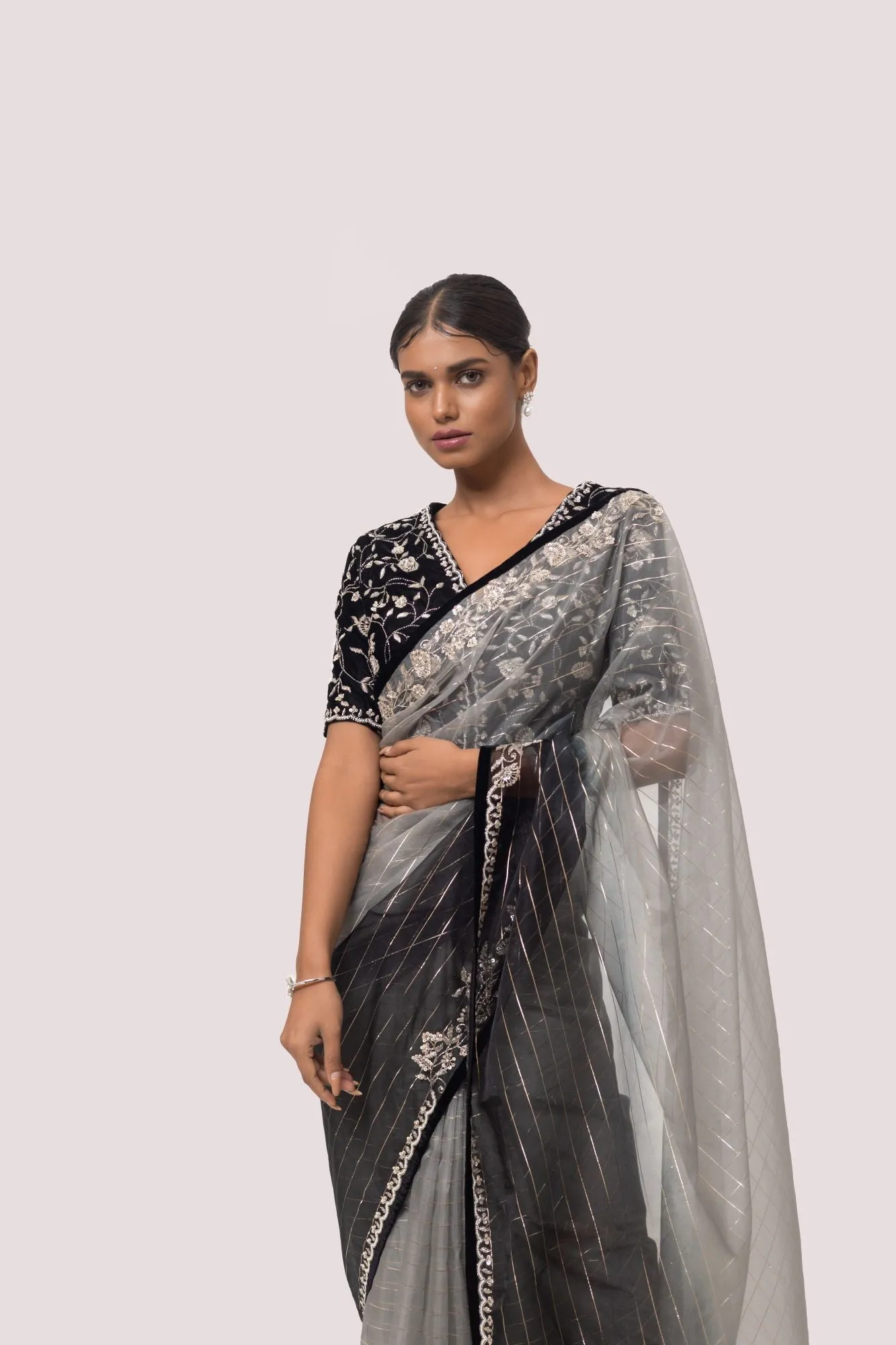 90Z974-RO Black & Grey Saree Set With Embroidered Blouse